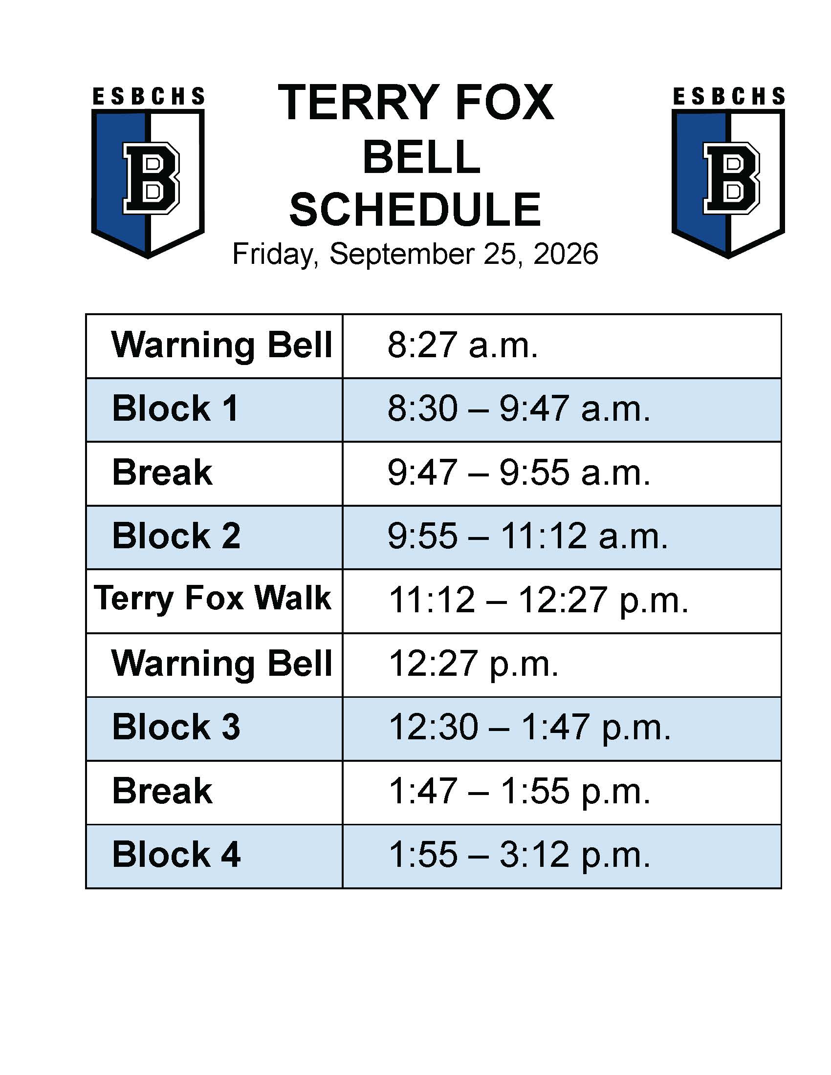 Terry Fox Run BBQ BELL SCHEDULE